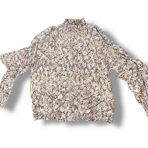 MAJE Cold-Shoulder Printed Metallic Fil Coupé Top Long Sleeve Ruffle Blouse Sz 3 - Picture 4 of 10